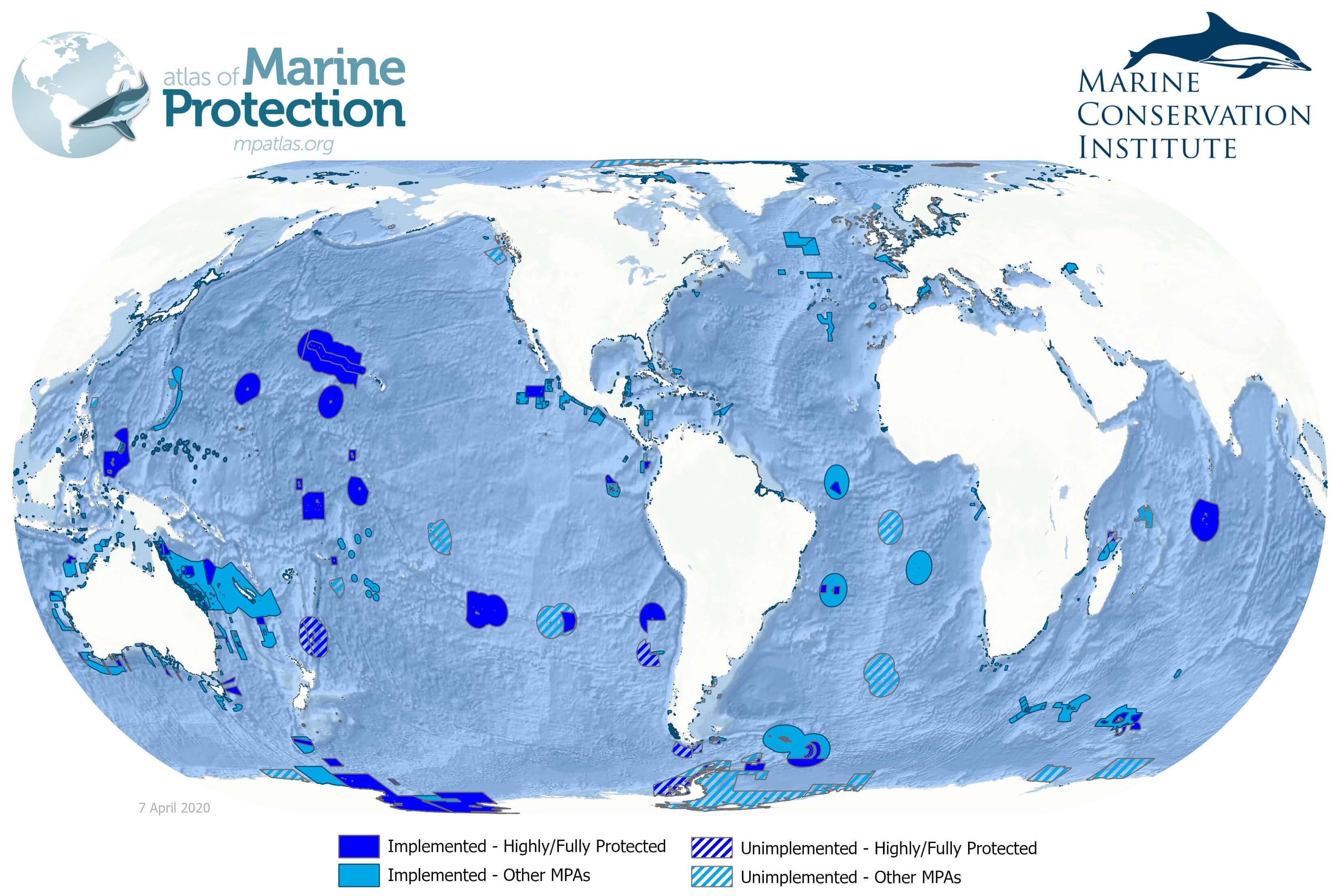 A map of Marine Protected Areas worldwide, with shades of blue showing where these exist. Most are patches in the Pacific Ocean.